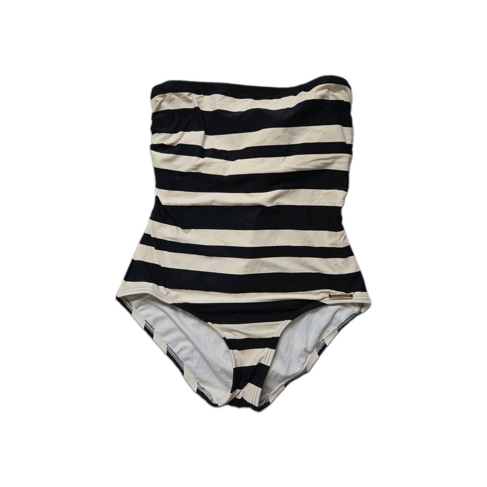 Vince Camuto Black Ivory Striped Strapless One Piece Swimsuit Lace Up Back 8 GUC